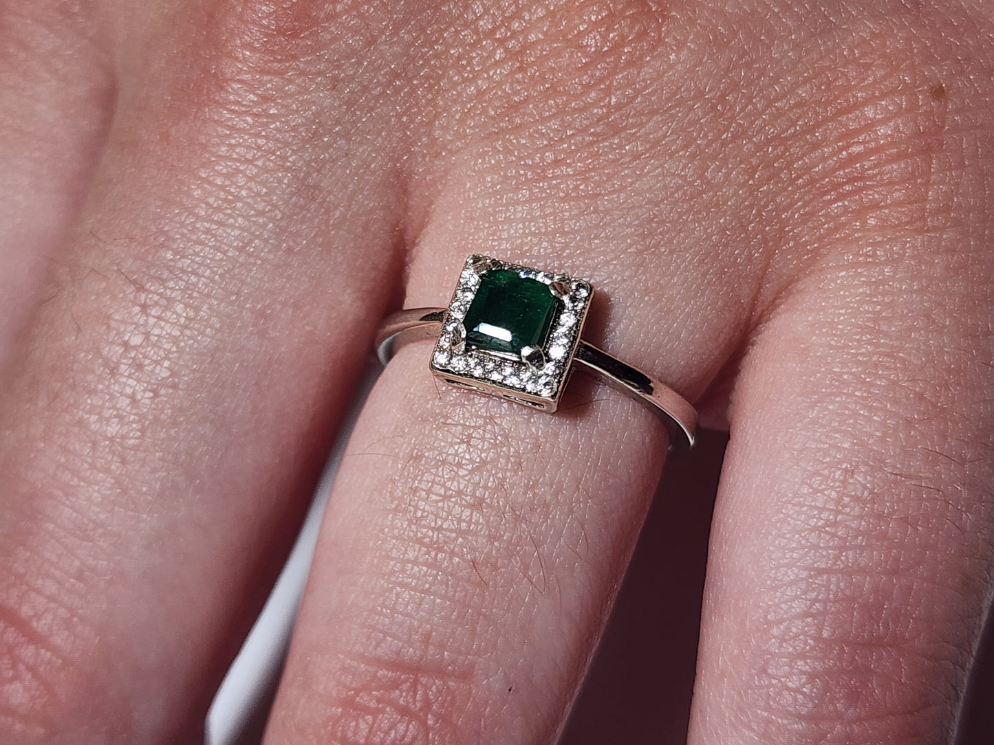 Enchanting Dark Green Swat Emerald Silver Ring with Rhodium Plating and Cubic Zirconia Accents