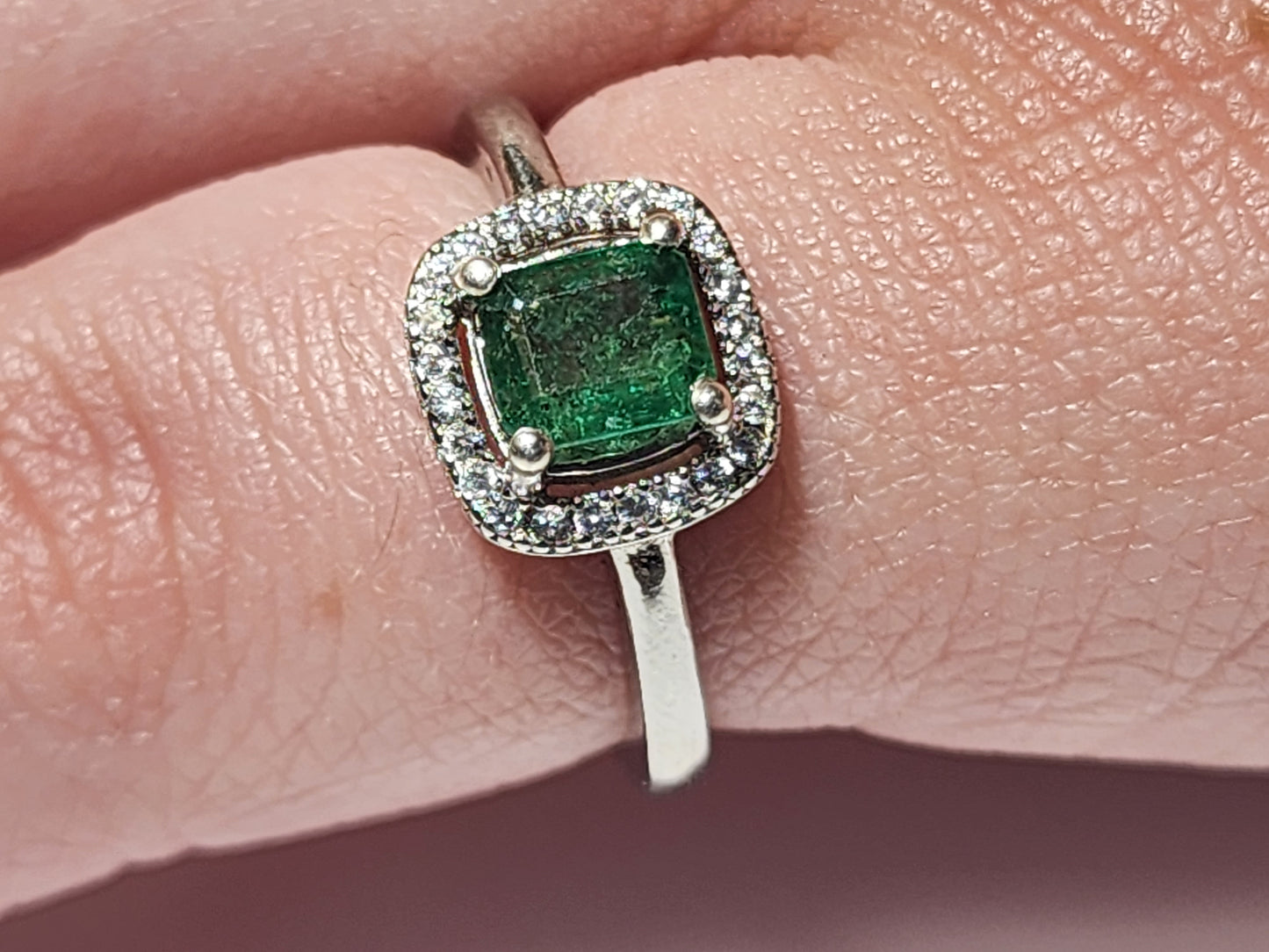 Exquisite Swat Emerald Silver Ring with Rhodium Plating and Cubic Zirconia Accents