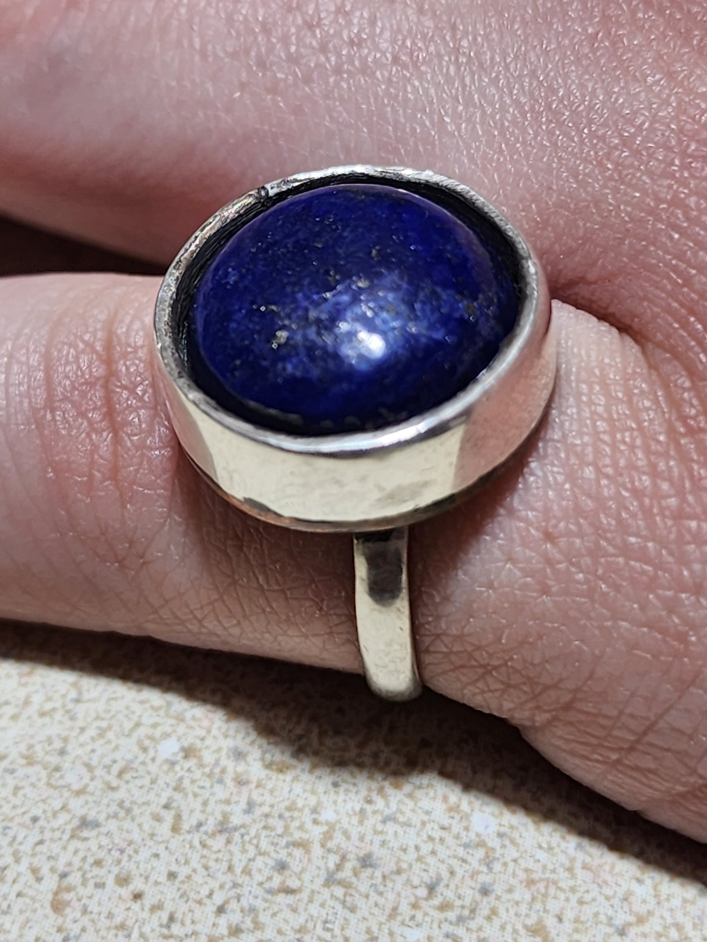 Artisan Hand-Hammered Silver Ring with Lapis Lazuli and Copper Accents