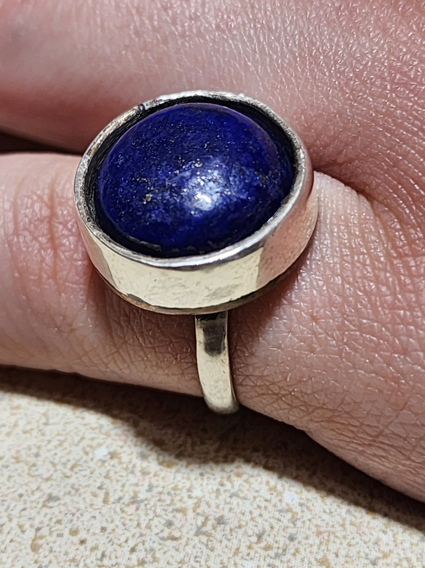 Artisan Hand-Hammered Silver Ring with Lapis Lazuli and Copper Accents