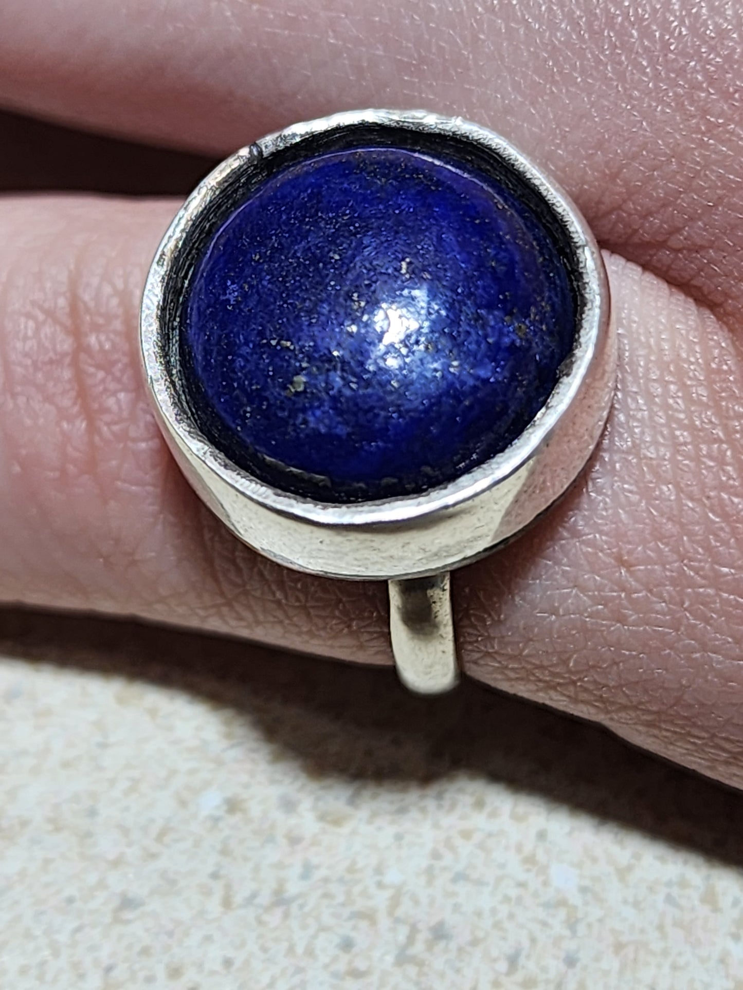 Artisan Hand-Hammered Silver Ring with Lapis Lazuli and Copper Accents