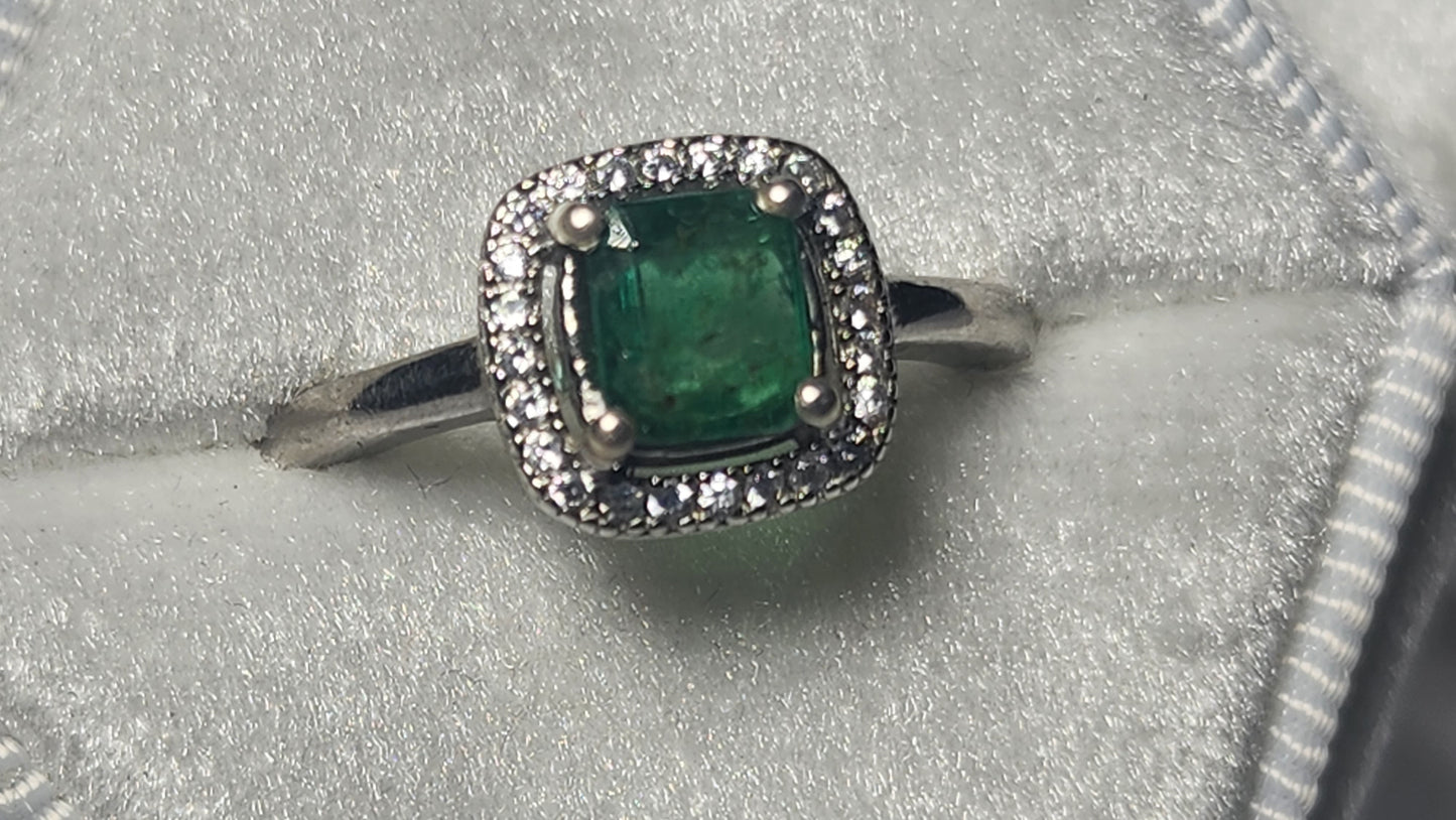 Exquisite Swat Emerald Silver Ring with Rhodium Plating and Cubic Zirconia Accents