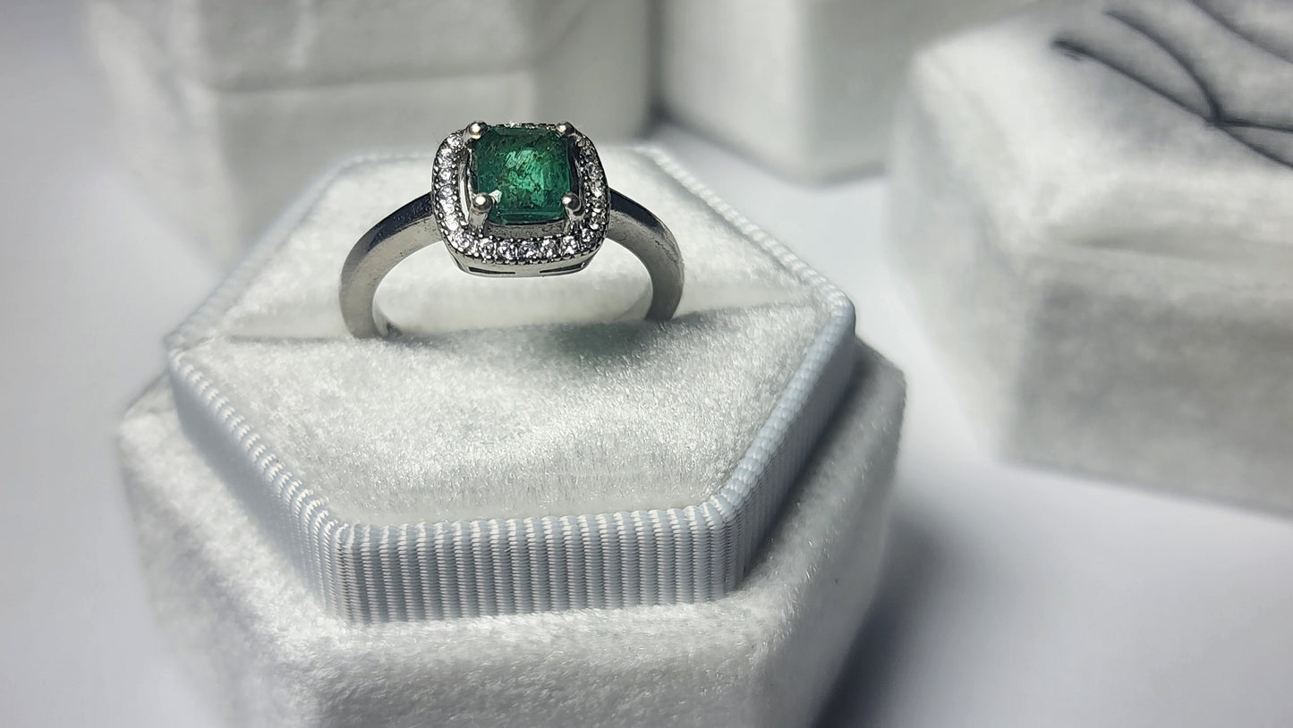 Exquisite Swat Emerald Silver Ring with Rhodium Plating and Cubic Zirconia Accents