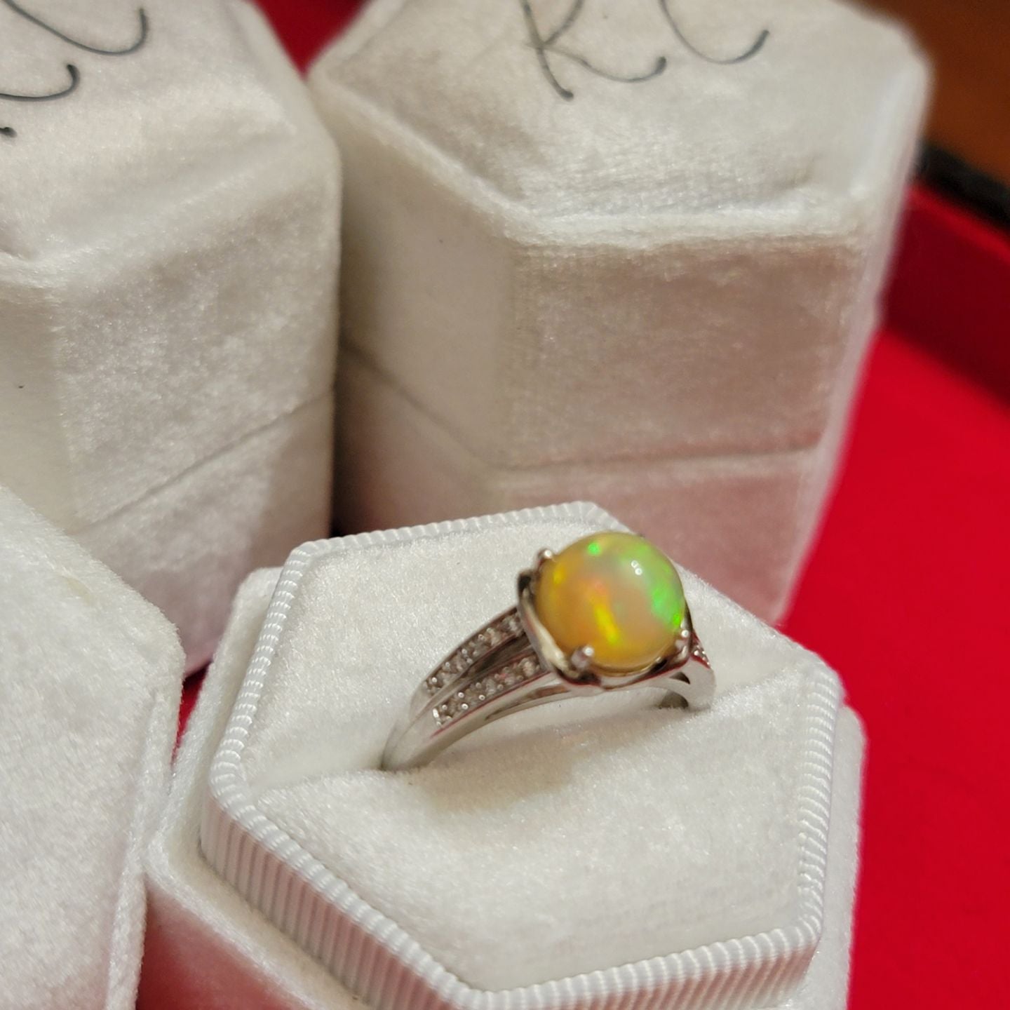 Opulent Opal Elegance: Rhodium Plated Sterling Silver Ring with Cubic Zirconia Accents - Size 7.5