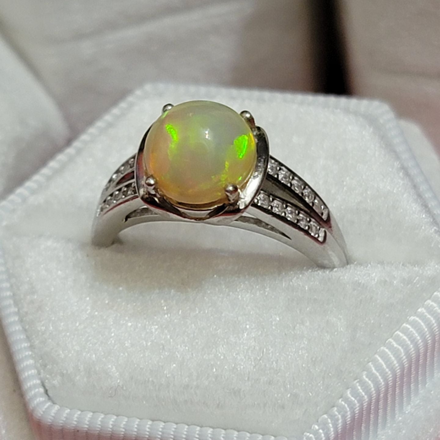 Opulent Opal Elegance: Rhodium Plated Sterling Silver Ring with Cubic Zirconia Accents - Size 7.5