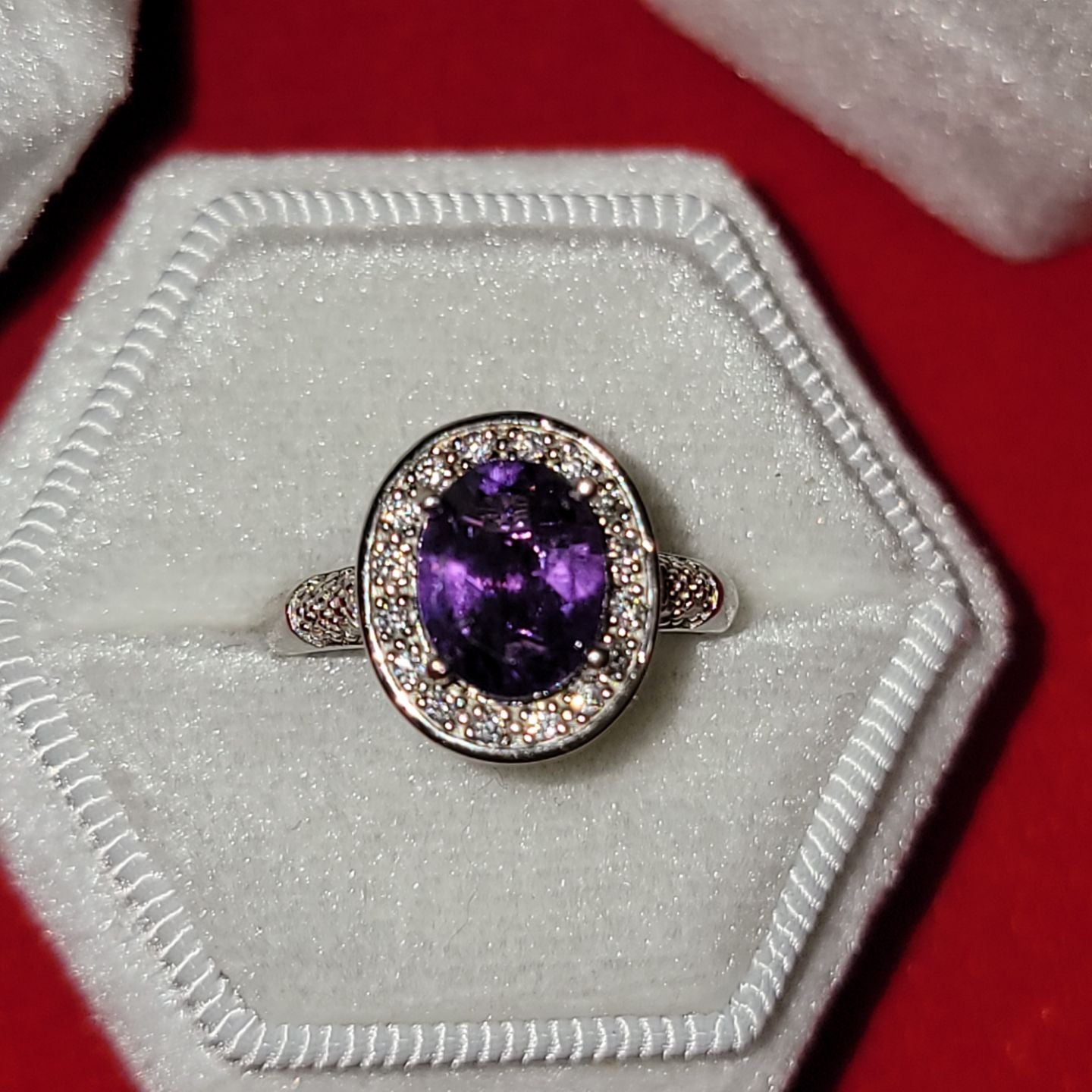 Radiant Amethyst Elegance: 925 Sterling Silver Ring with Cubic Zirconia Accents and Rhodium Plating | Size 6.5 US