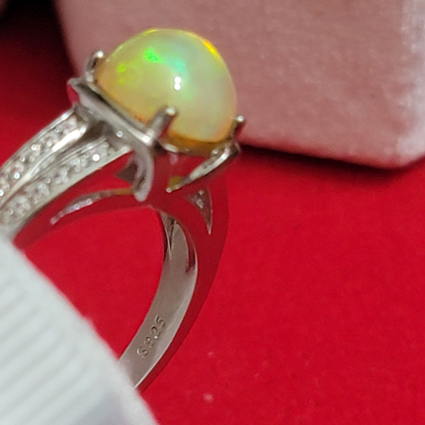 Opulent Opal Elegance: Rhodium Plated Sterling Silver Ring with Cubic Zirconia Accents - Size 7.5