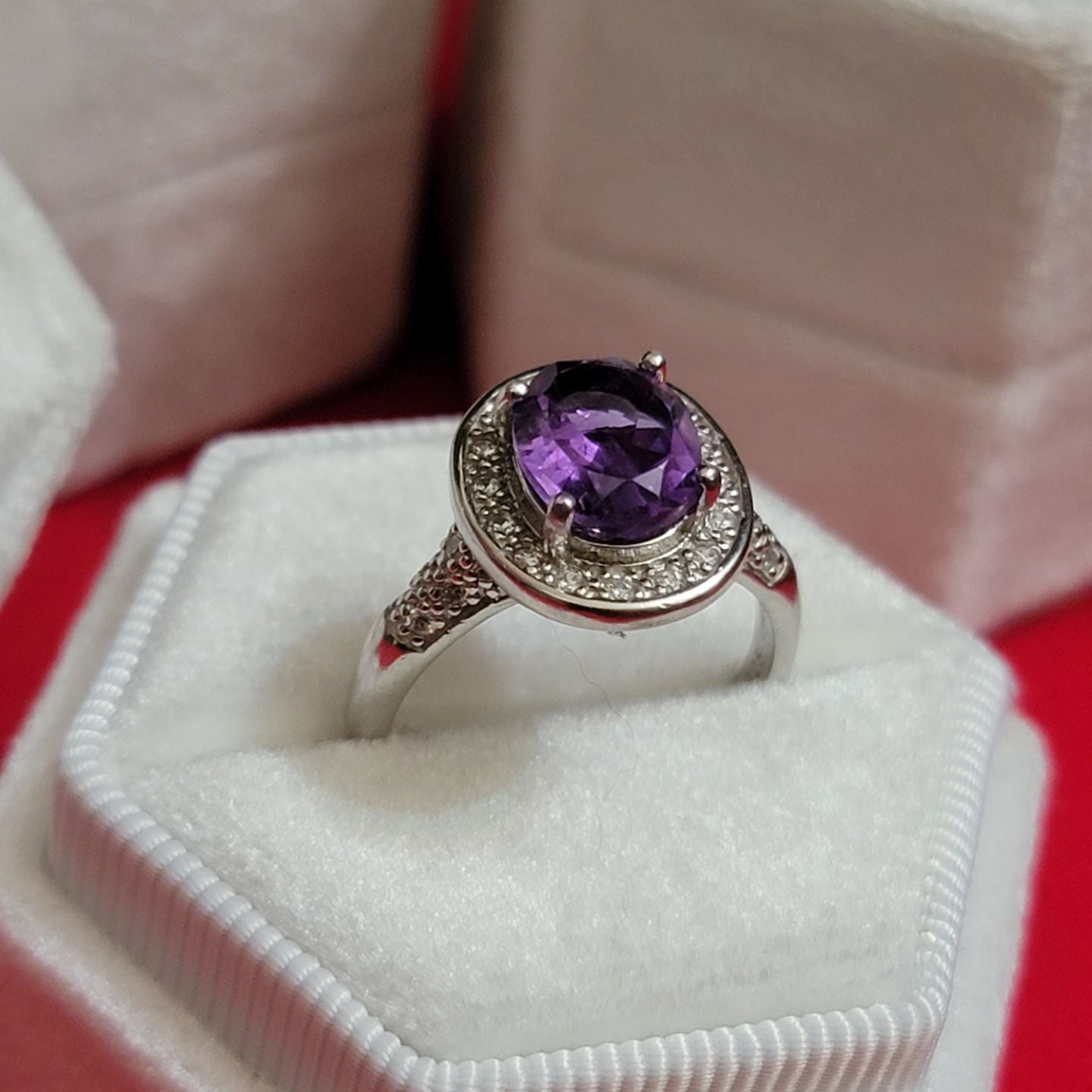 Radiant Amethyst Elegance: 925 Sterling Silver Ring with Cubic Zirconia Accents and Rhodium Plating | Size 6.5 US