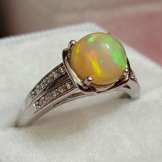 Opulent Opal Elegance: Rhodium Plated Sterling Silver Ring with Cubic Zirconia Accents - Size 7.5