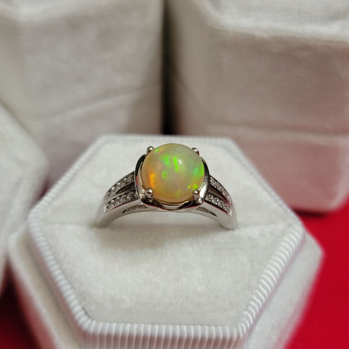 Opulent Opal Elegance: Rhodium Plated Sterling Silver Ring with Cubic Zirconia Accents - Size 7.5