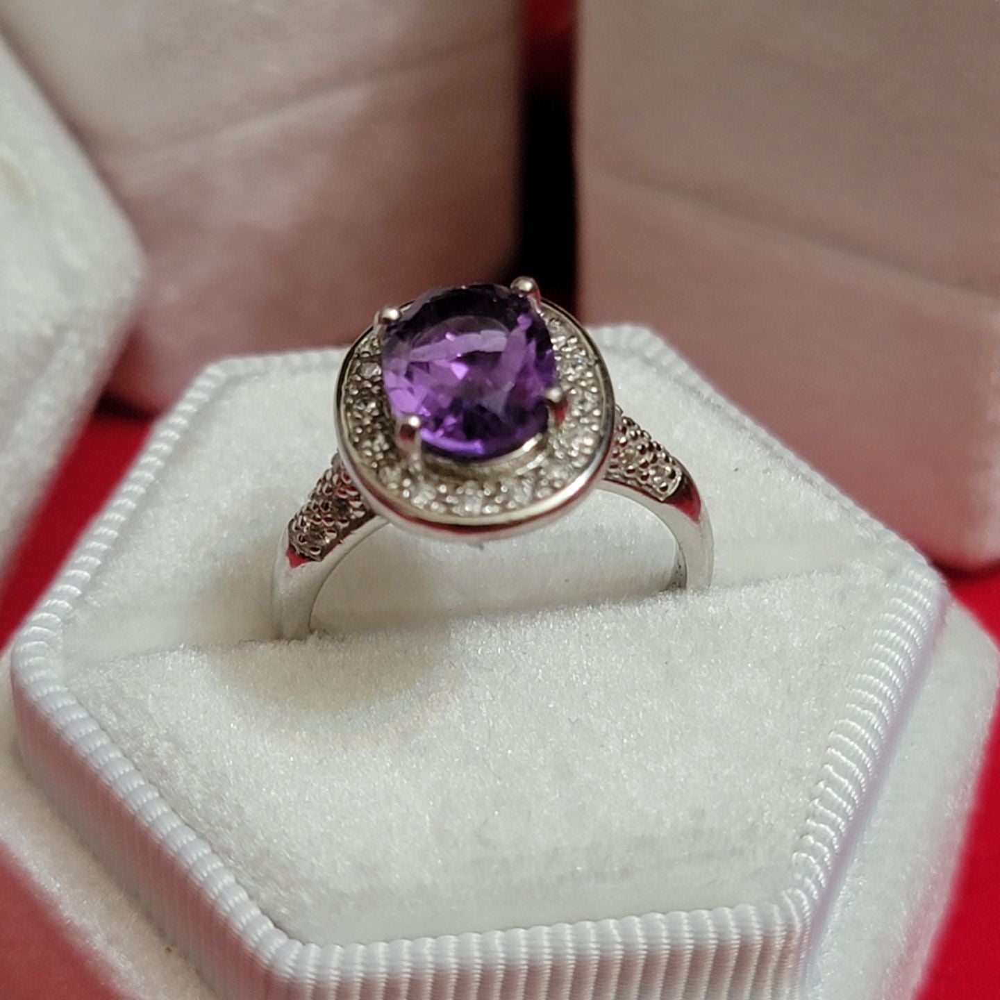 Radiant Amethyst Elegance: 925 Sterling Silver Ring with Cubic Zirconia Accents and Rhodium Plating | Size 6.5 US